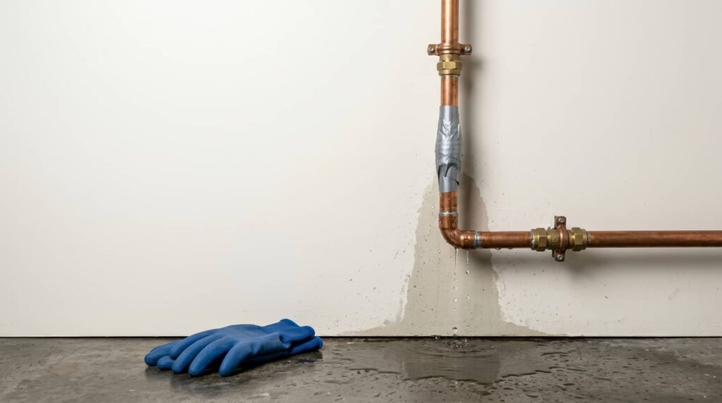 Leaking copper pipe with water stains and blue gloves on the floor.