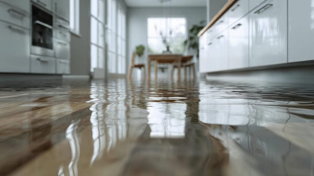 Flooded kitchen with water covering the floor and furniture in the background.