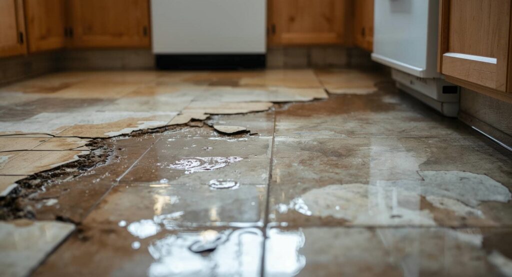 Water-damaged kitchen floor with cracked and peeling tiles and standing water.