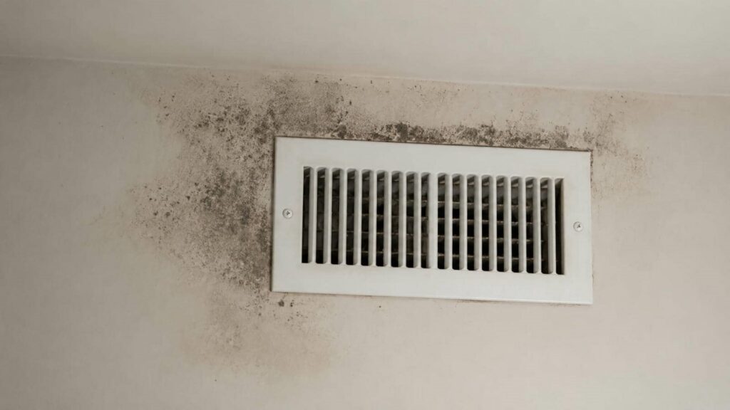 Wall air vent with visible black mold growing around it.