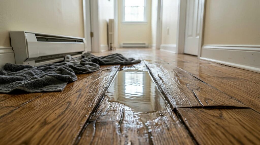 Water pooling on damaged wooden floorboards in a hallway with towels placed nearby.