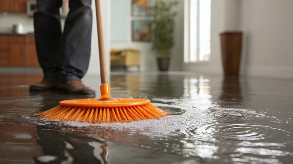 Person using an orange brush to push water on a flooded floor inside a room.