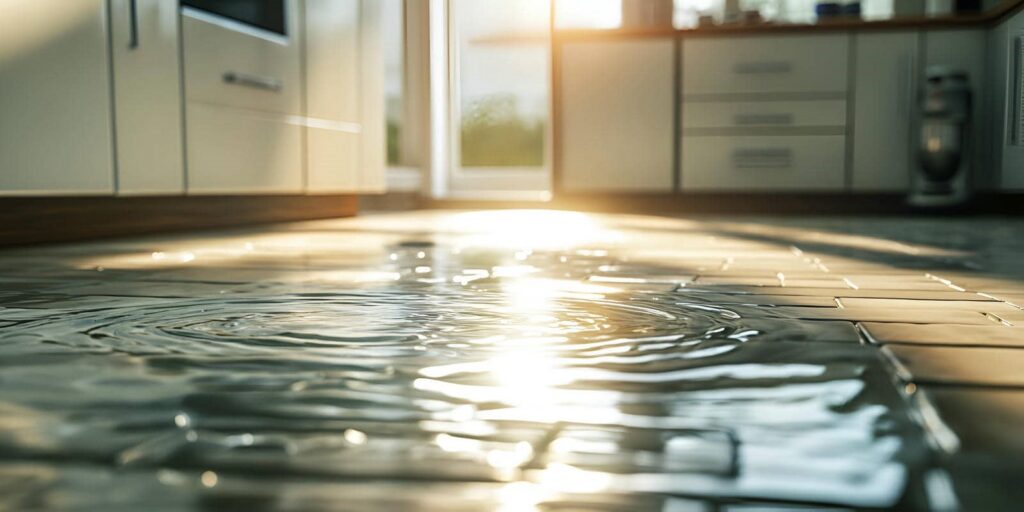Water pooling and rippling on a kitchen floor with sunlight reflecting off the surface.