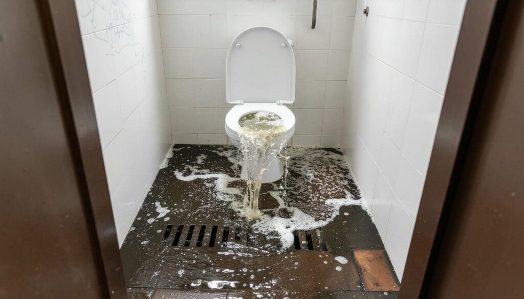 Toilet overflowing with water flooding the bathroom floor.