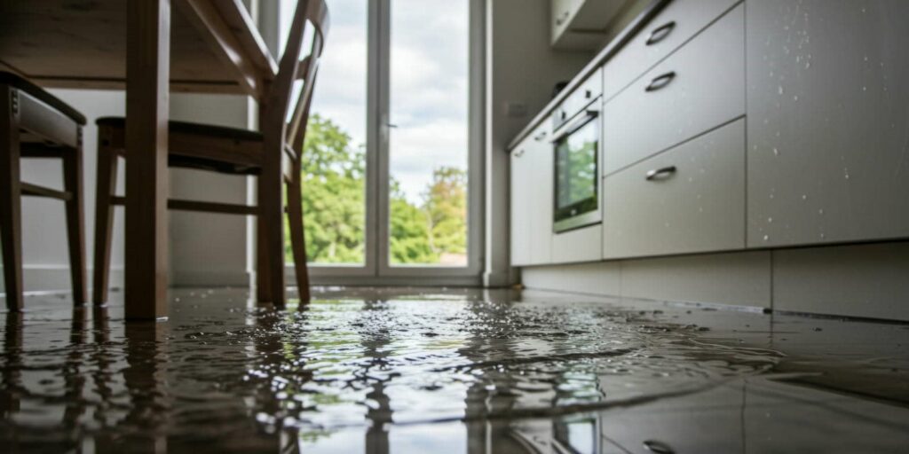 Water flooding the floor of a kitchen near a wooden table and white cabinets.
