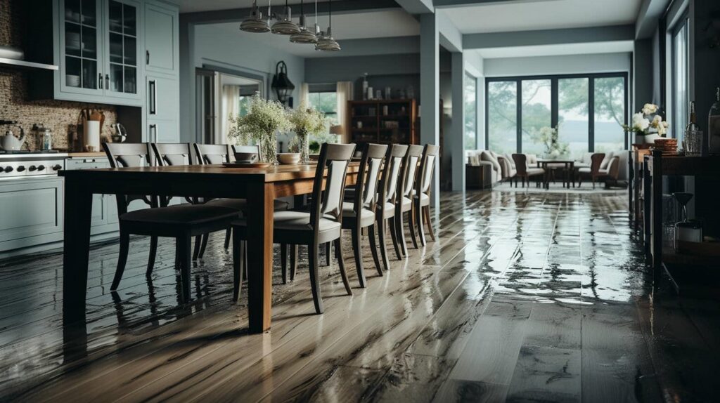 Long wooden dining table with chairs on a shiny wet floor in a modern kitchen and living area.
