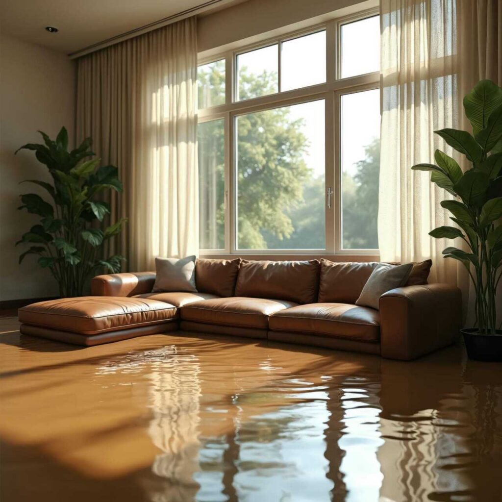 Living room with a brown leather sofa partially submerged in floodwater near large windows and potted plants.