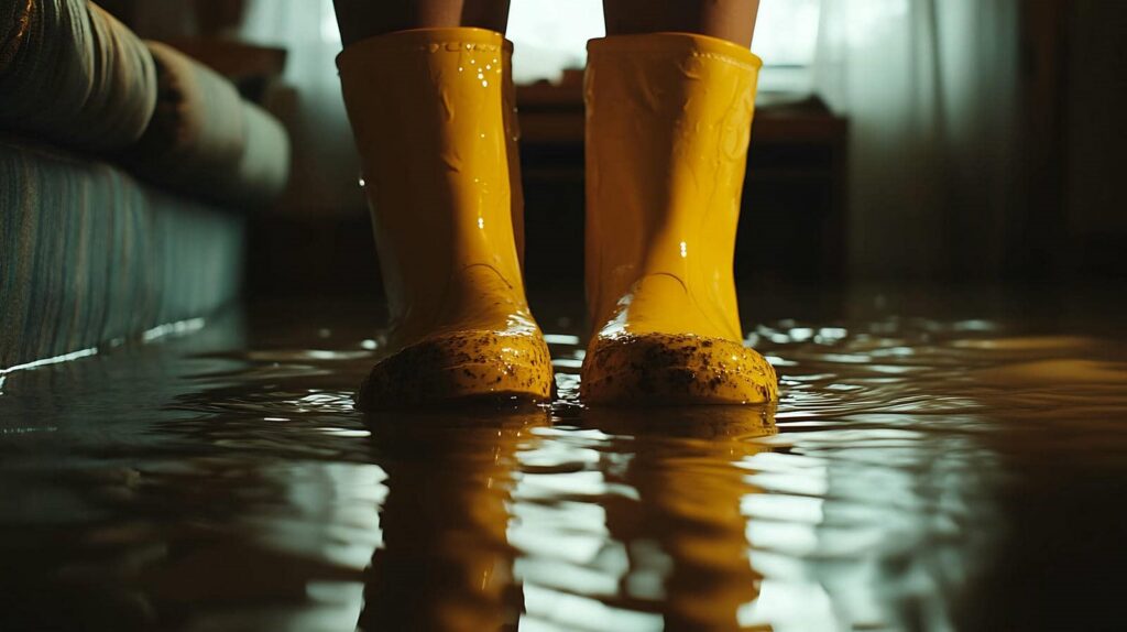 Yellow rain boots standing in a shallow indoor flood with water reflecting light.