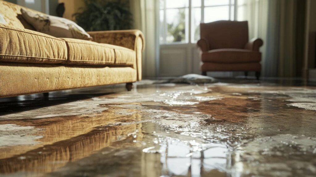Water flooding a living room floor near a sofa and armchair.
