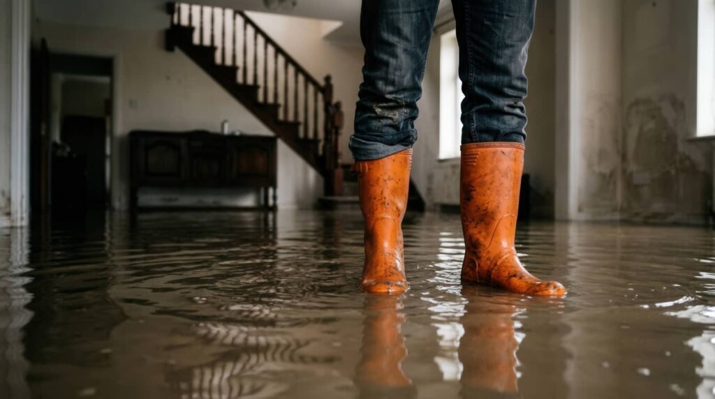Person standing in floodwater inside a house, wearing orange boots.