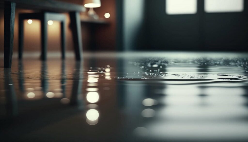 Water pooling on a floor inside a room with furniture legs and blurred lights reflected.