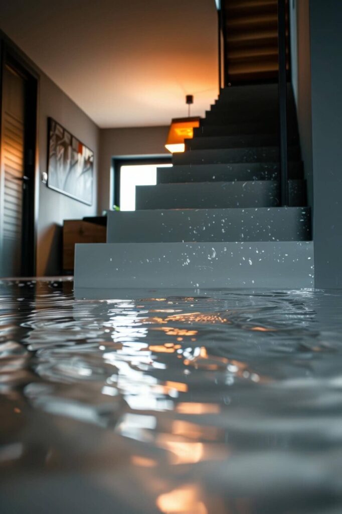 Indoor staircase partially submerged in water with reflections and splashes.