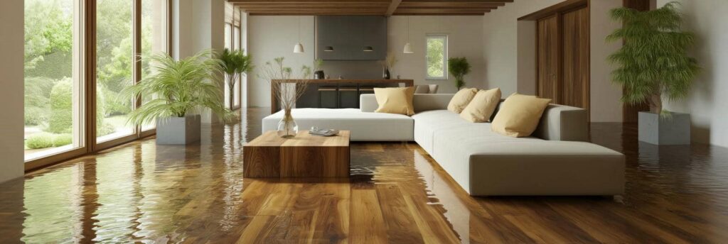 Modern living room with a flooded wooden floor, white sectional sofa, and large windows showing greenery outside.