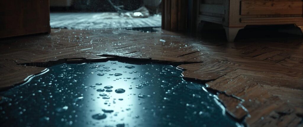 Water pooling on a damaged wooden floor with broken and lifted floorboards.
