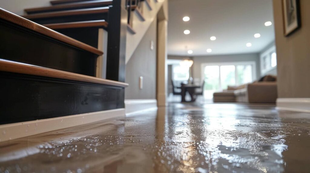 Water pooling on a hardwood floor near the base of a staircase inside a home.