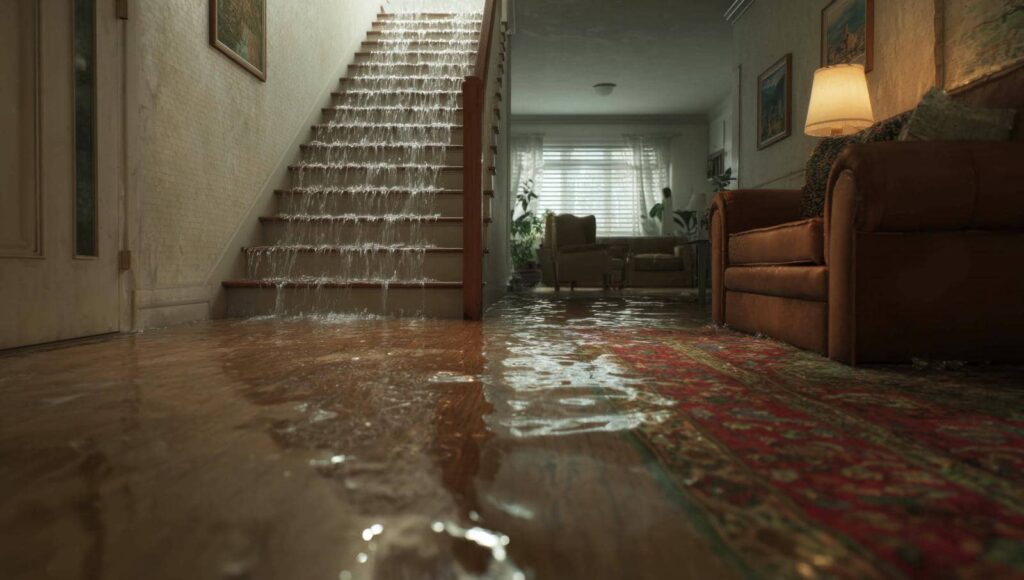 Water cascading down indoor stairs flooding a living room with a couch and lamp.