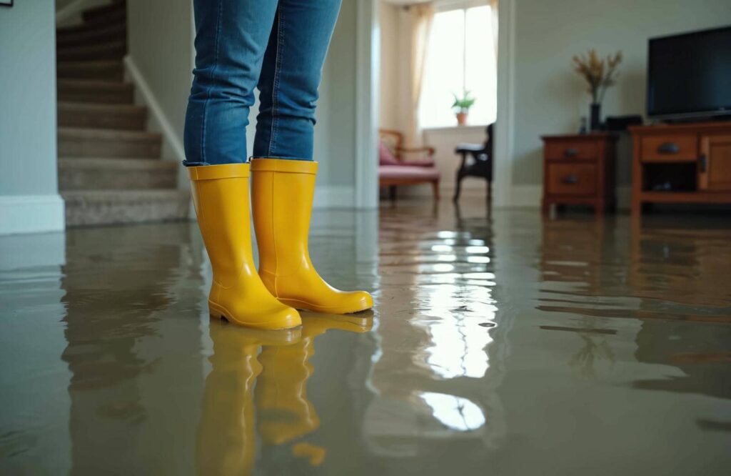 Person wearing yellow rain boots standing in a flooded living room.
