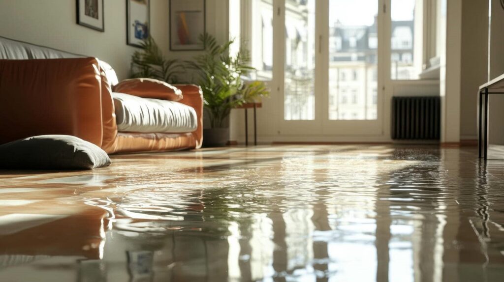 Water flooding a living room floor near a brown leather sofa and a cushion.