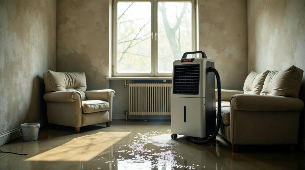Dehumidifier removing water from flooded living room with beige armchairs and a bucket.
