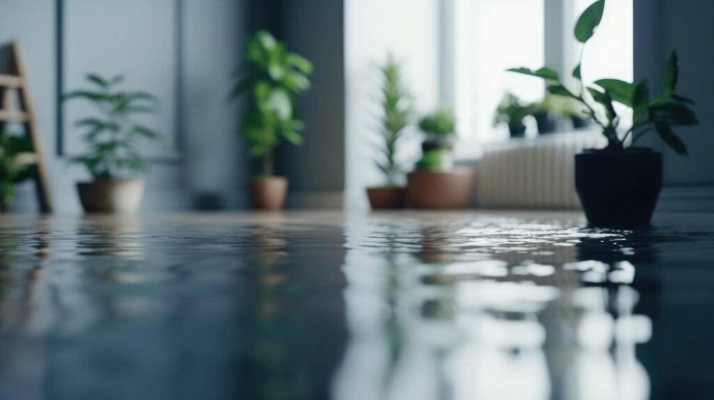 Indoor floor flooded with water reflecting potted plants near a window.