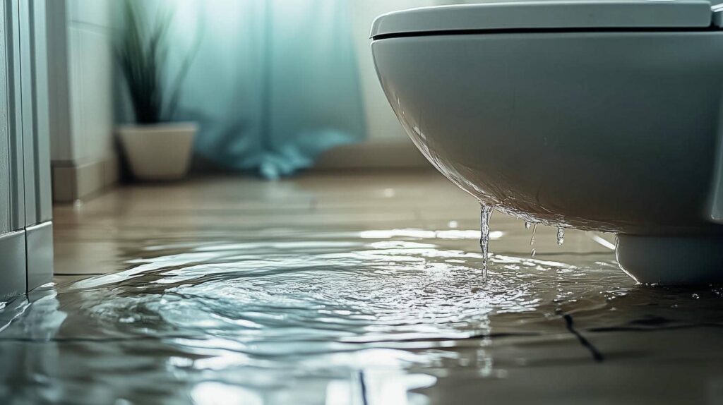 Water leaking from a toilet base causing a flooded bathroom floor.