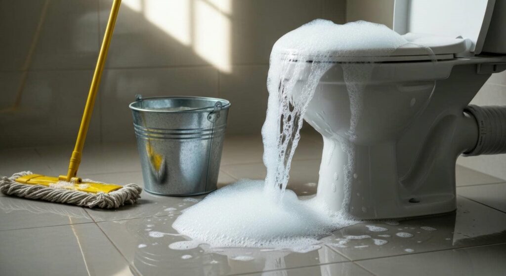 Foamy water overflowing from a toilet onto a tiled floor next to a mop and metal bucket.