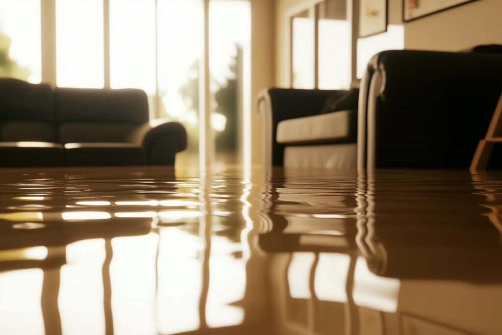 Living room flooded with water reflecting sofas and windows.