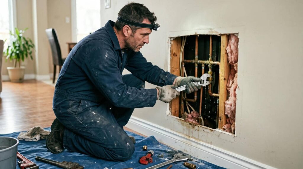 Plumber kneels and repairs exposed pipes in a wall.