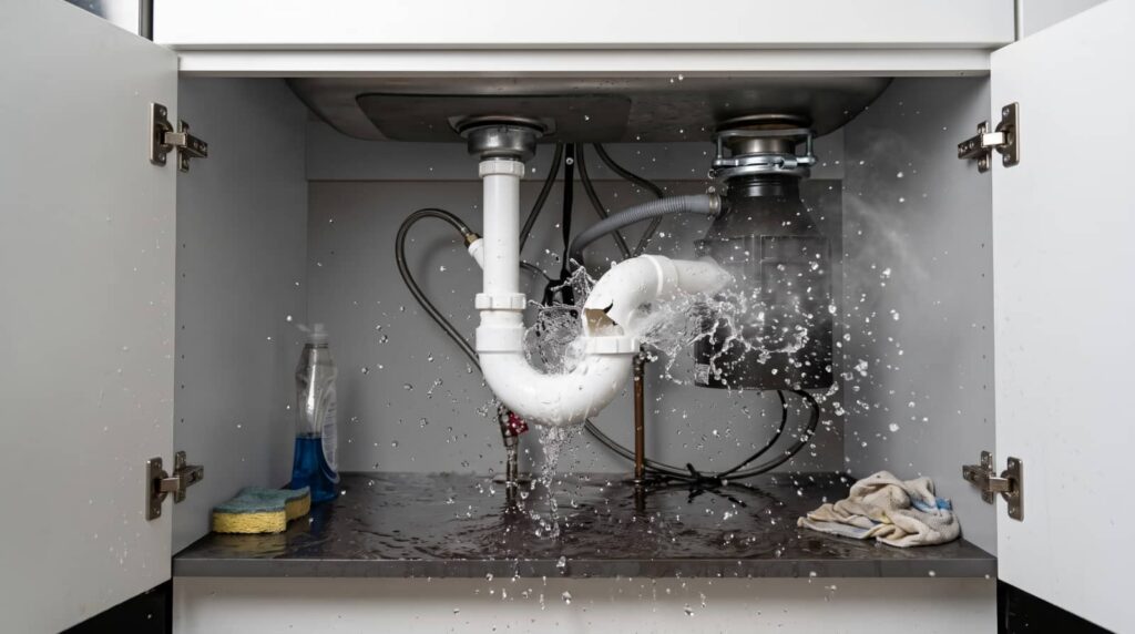 Kitchen sink cabinet with a burst pipe spraying water.