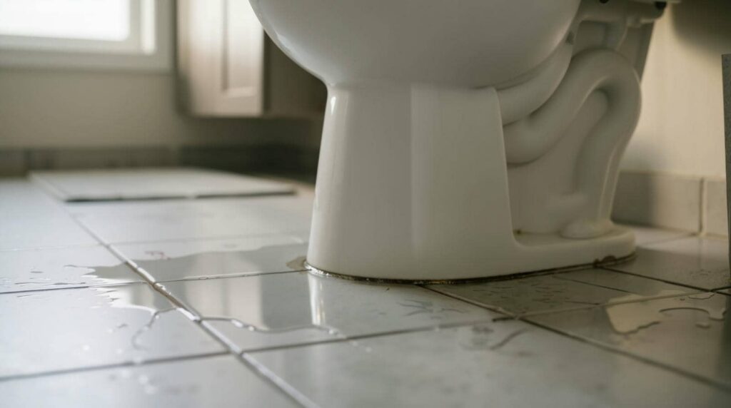 Leaking toilet base on tiled bathroom floor.