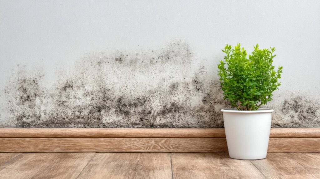 Black mold growing on a white wall near a wooden baseboard with a green potted plant beside it.