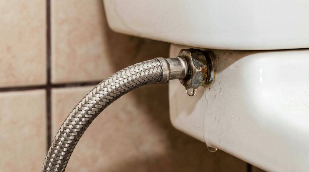 Leaking water hose connected to a toilet with visible rust and water droplets.