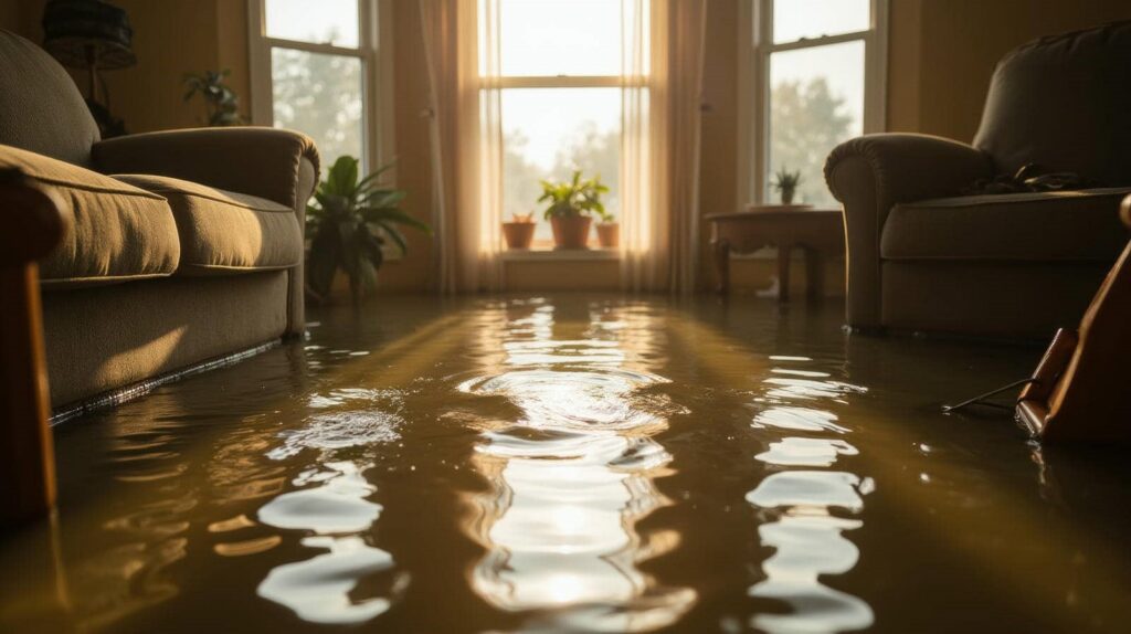 Living room flooded with water reflecting sunlight from a window with potted plants.