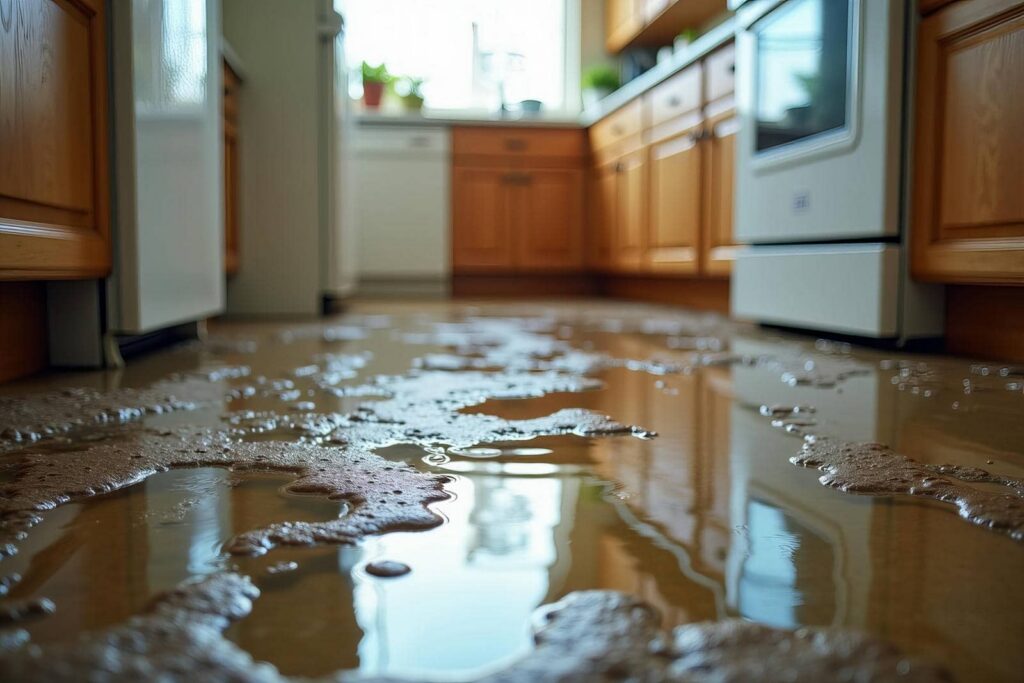 Kitchen floor flooded with standing water.