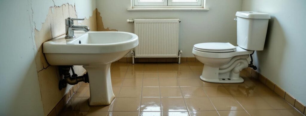 Bathroom with a sink and toilet, featuring peeling paint on the wall and a tiled floor.