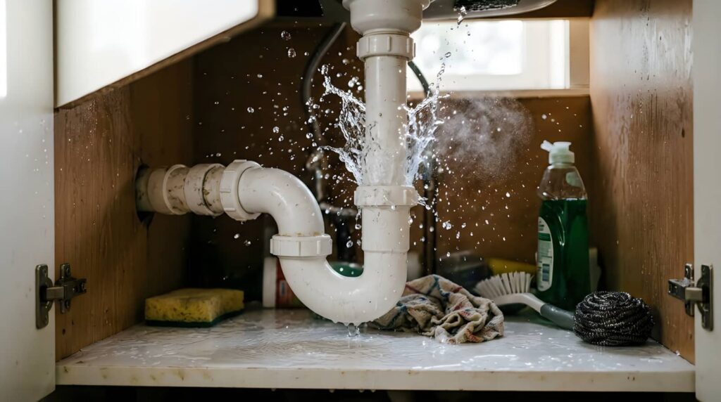 Burst pipe under a sink spraying water.