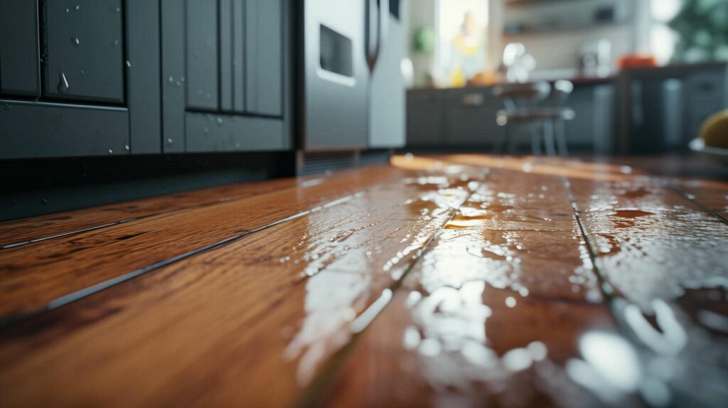 Water spilled on a wooden kitchen floor near dark cabinets and appliances.
