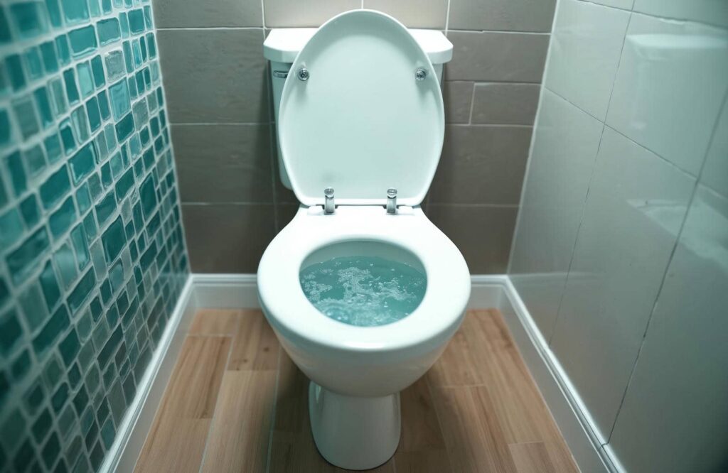 White toilet with open lid and water swirling inside in a tiled bathroom corner.