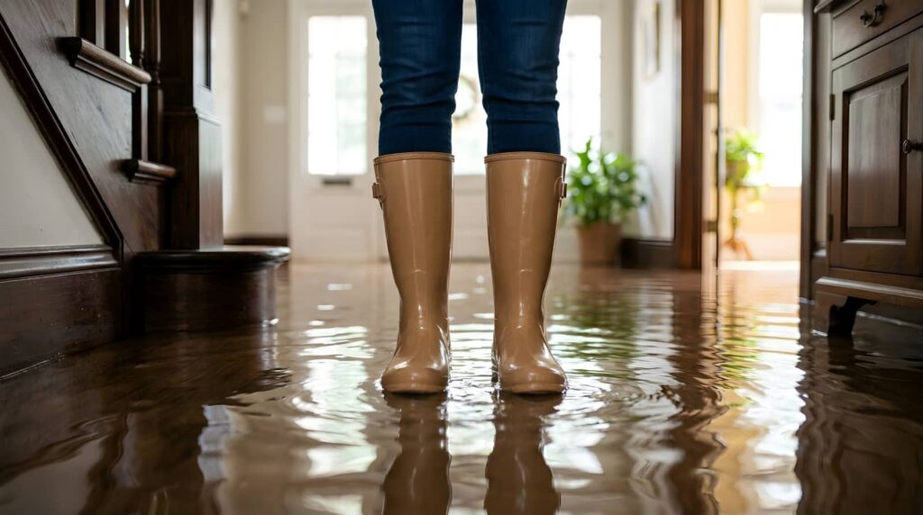 Person standing in flooded hallway wearing rain boots.