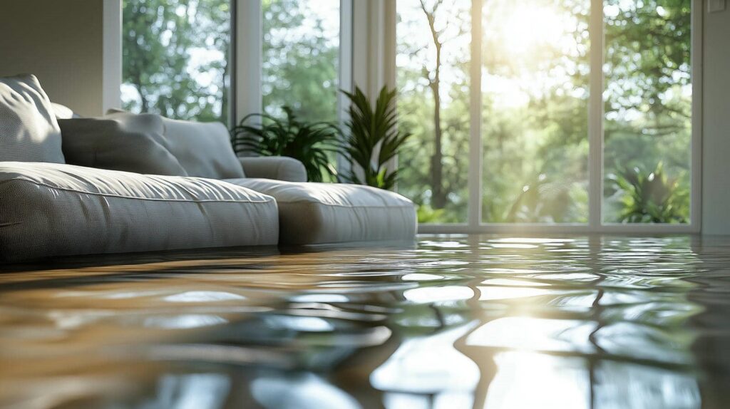 Living room flooded with water near a sofa and large windows showing outdoor greenery.