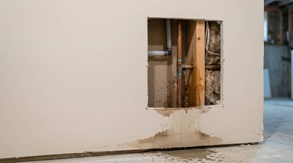 Water-damaged wall with exposed plumbing and insulation.
