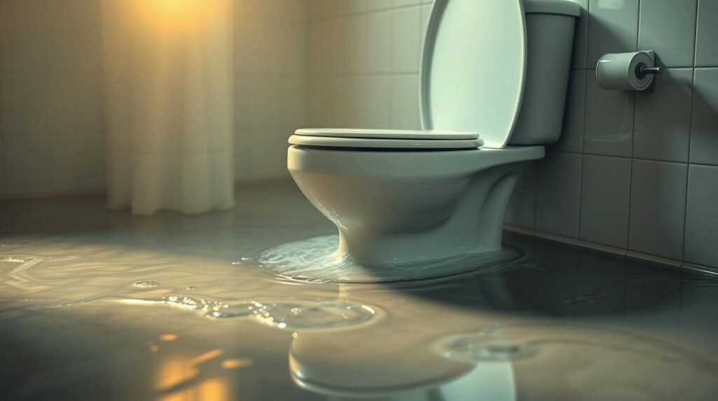Toilet overflowing with water flooding the bathroom floor.