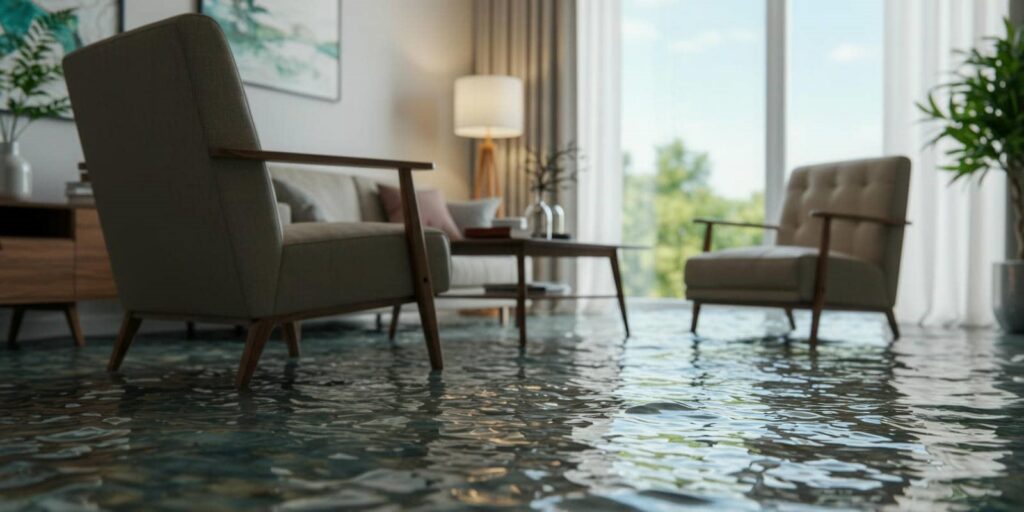 Living room with mid-century chairs and coffee table partially submerged in water.