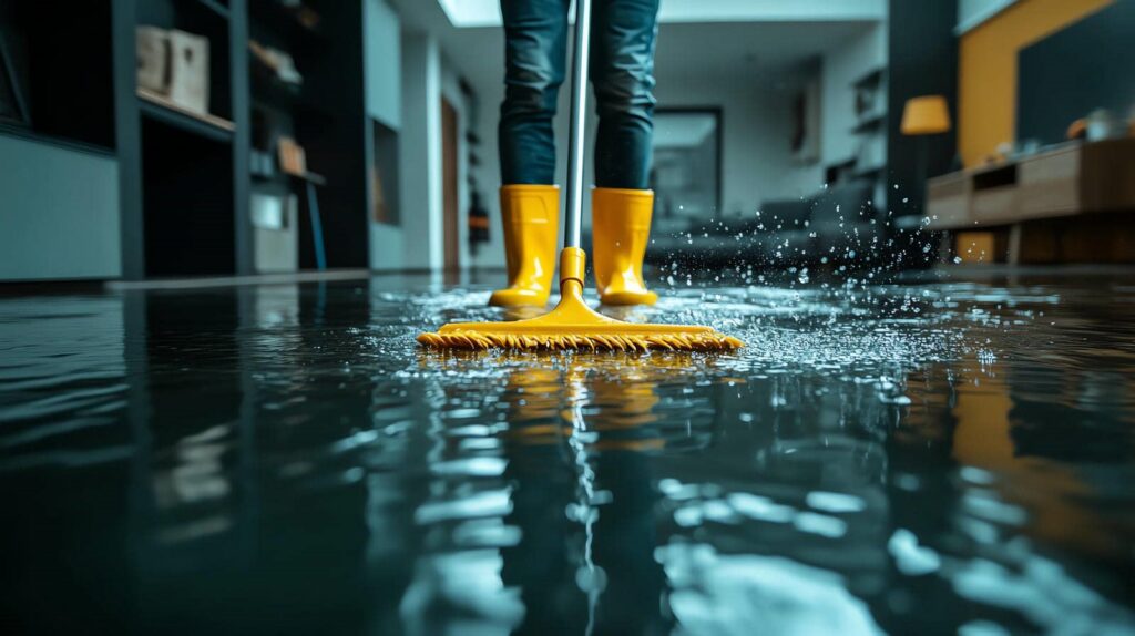 Person in yellow boots using a mop to clean a flooded floor inside a house.