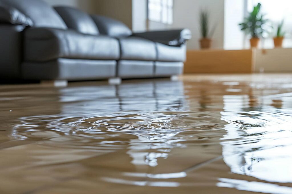 Water flooding a living room floor with a gray sofa and potted plants in the background.
