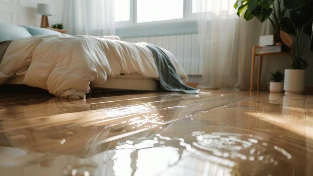 Water pooled on a wooden floor next to a bed with a beige comforter and blue blanket.