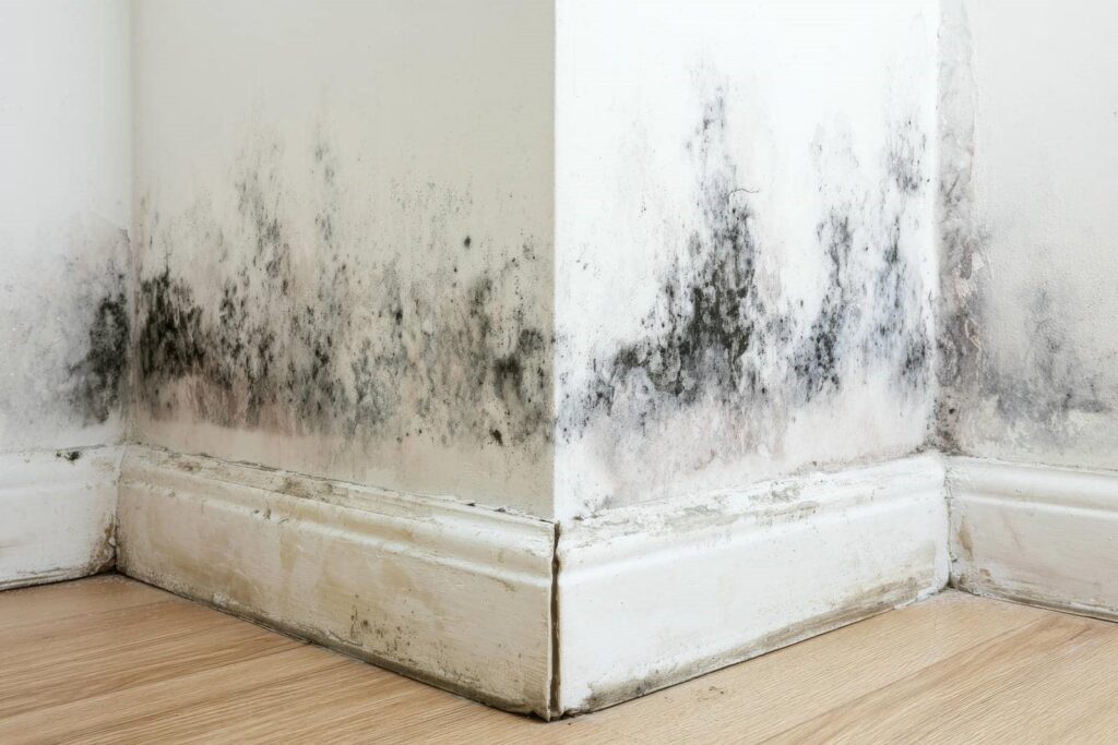 Black mold growing on the lower walls and baseboards of a corner in a room with wooden flooring.
