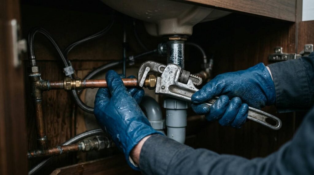Gloved hands tightening a pipe under a sink with a wrench.