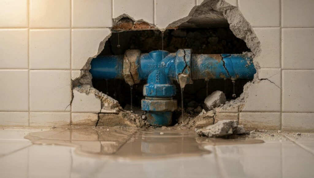 Leaking blue water pipe behind broken wall tiles with water pooling on the floor.