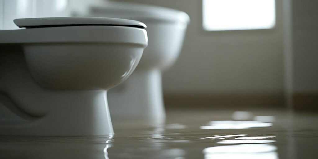 Two toilets with water flooding the floor around them.